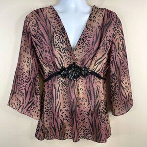 Nicole Miller Y2K Animal Print Empire Tie Back Top XLarge Beaded Edgy Mobwife